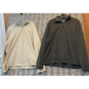 Polo Ralph Lauren Mens Large Set Of 2‎ Tan Grey Rib Sweatshirt 1/4 Zip Preppy